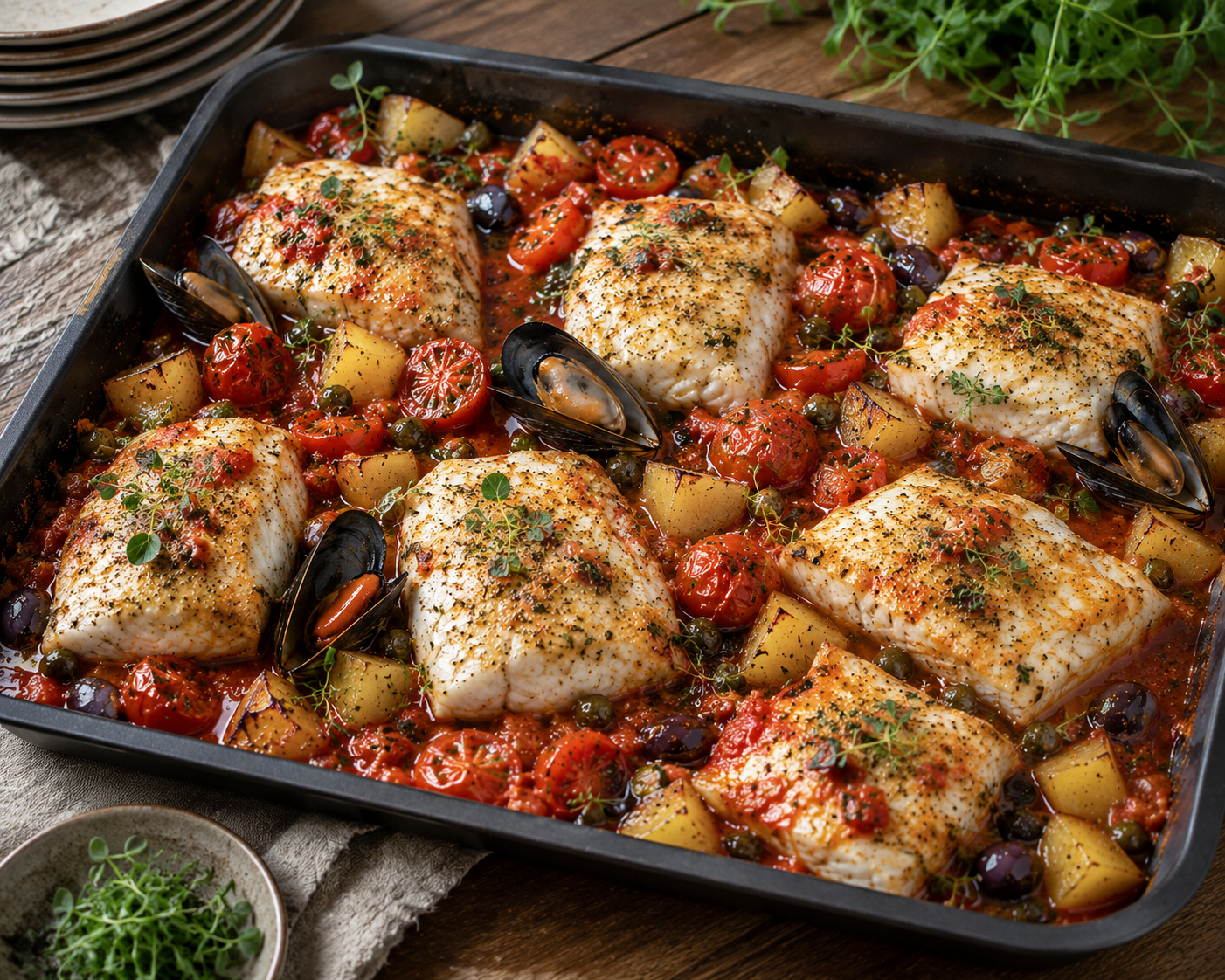 Cod Fillet a la Livornese – STORIA Catering München